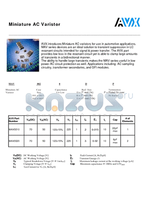 MAV0010TP datasheet - Miniature AC Varistor