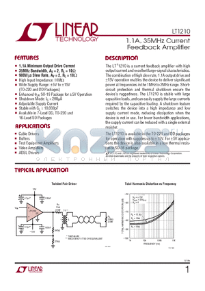 LT1210 datasheet - 1.1A, 35MHz Current Feedback Amplifier