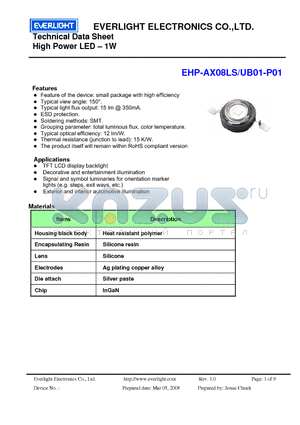EHP-AX08LS/UB01-P01 datasheet - High Power LED - 1W
