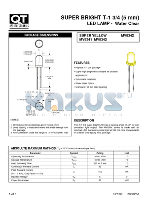 MV834X datasheet - SUPER BRIGHT T-1 3/4 (5 mm) LED LAMP - Water Clear