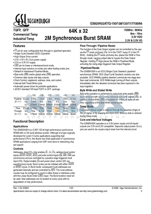 GS820H32AT datasheet - 64K x 32 2M Synchronous Burst SRAM