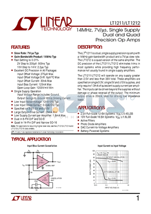 LT1211CS8 datasheet - 14MHz, 7V/us, Single Supply Dual and Quad Precision Op Amps