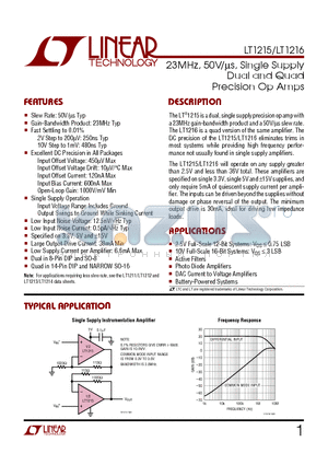 LT1216CN datasheet - 23MHz, 50V/us, Single Supply Dual and Quad Precision Op Amps