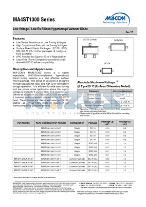 MAVR-001330-11410T datasheet - Low Voltage / Low Rs Silicon Hyperabrupt Varactor Diode