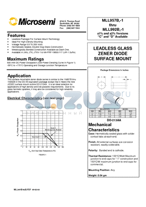 MLL961B datasheet - LEADLESS GLASS ZENER DIODE SURFACE MOUNT