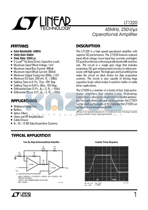 LT1220MJ8 datasheet - 45MHz, 250V/us Operational Amplifier