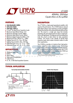 LT1220CN8 datasheet - 45MHz, 250V/ms Operational Amplifier