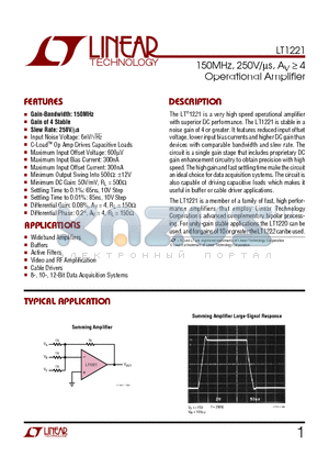 LT1221CN8 datasheet - 150MHz, 250V/ms, A 4 Operational Amplifier