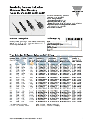 EI1202PPCSL datasheet - Proximity Sensors Inductive Stainless Steel Housing