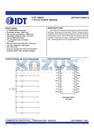 IDT74FCT3807QI datasheet - 3.3V CMOS 1-TO-10 CLOCK DRIVER