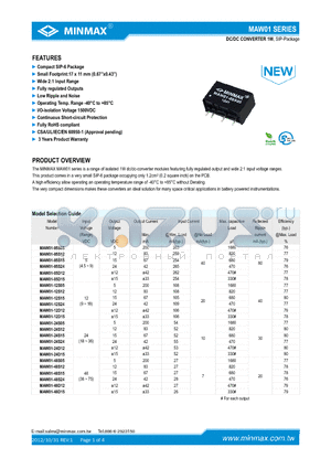 MAW01-05D15 datasheet - DC/DC CONVERTER 1W Compact SIP-6 Package Wide 2:1 Input Range