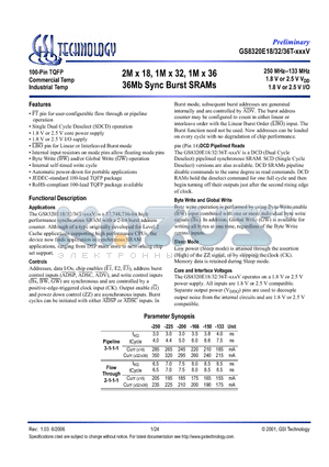 GS8320E18T-133 datasheet - 2M x 18, 1M x 32, 1M x 36 36Mb Sync Burst SRAMs