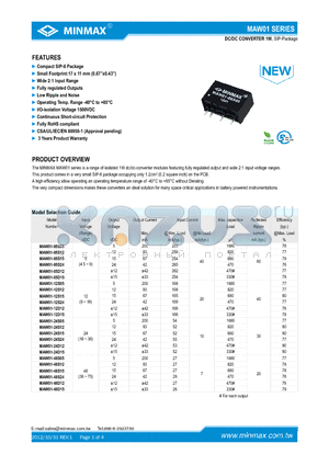 MAW01-12D15 datasheet - DC/DC CONVERTER 1W Compact SIP-6 Package Wide 2:1 Input Range