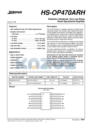 HS-OP470AR datasheet - Radiation Hardened, Very Low Noise Quad Operational Amplifier