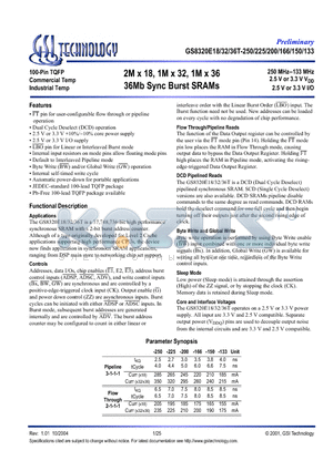 GS8320E32GT-250I datasheet - 2M x 18, 1M x 32, 1M x 36 36Mb Sync Burst SRAMs