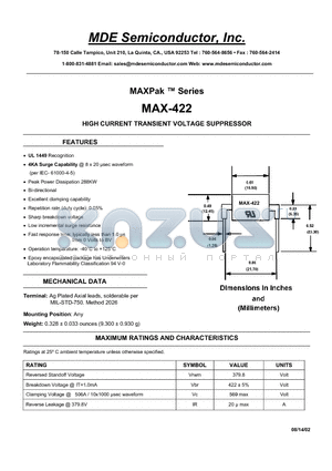 MAX-422 datasheet - HIGH CURRENT TRANSIENT VOLTAGE SUPPRESSOR