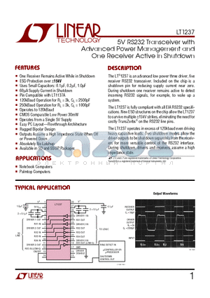 LT1237 datasheet - 5V RS232 Transceiver with Advanced Power Management and One Receiver Active in Shutdown