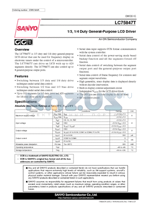 LC75847T datasheet - 1/3, 1/4 Duty General-Purpose LCD Driver
