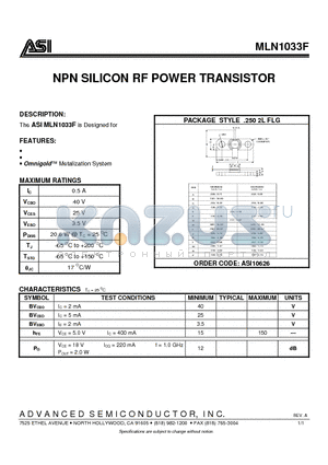 MLN1033F datasheet - NPN SILICON RF POWER TRANSISTOR