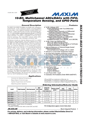 MAX1022 datasheet - 10-Bit, Multichannel ADCs/DACs with FIFO, Temperature Sensing, and GPIO Ports