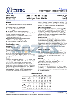 GS8320EV18T-150 datasheet - 2M x 18, 1M x 32, 1M x 36 36Mb Sync Burst SRAMs