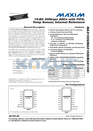 MAX1026BCEE datasheet - 10-Bit 300ksps ADCs with FIFO, Temp Sensor, Internal Reference
