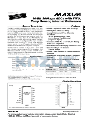 MAX1026BEEE-T datasheet - 10-Bit 300ksps ADCs with FIFO, Temp Sensor, Internal Reference