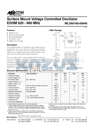 MLO80100 datasheet - Surface Mount Voltage Controlled Oscillator EGSM 920 - 960 MHz