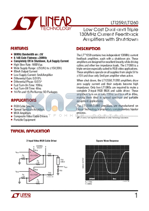LT1259IS datasheet - Low Cost Dual and Triple 130MHz Current Feedback Amplifiers with Shutdown