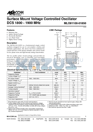 MLO81100-01850 datasheet - Surface Mount Voltage Controlled Oscillator DCS 1800 - 1900 MHz