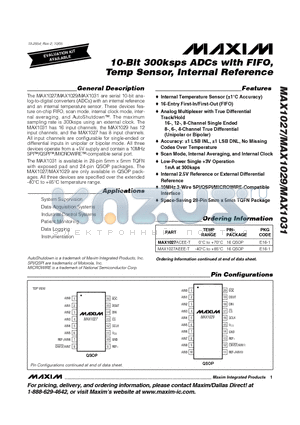 MAX1029AEEP-T datasheet - 10-Bit 300ksps ADCs with FIFO, Temp Sensor, Internal Reference