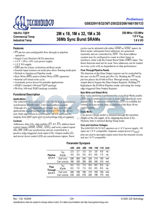 GS8320V18GT-133I datasheet - 2M x 18, 1M x 32, 1M x 36 36Mb Sync Burst SRAMs
