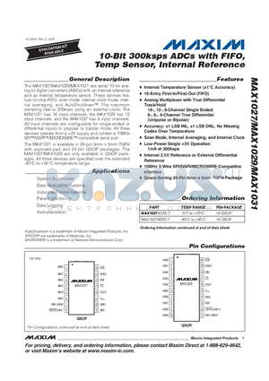 MAX1029BCEP-T datasheet - 10-Bit 300ksps ADCs with FIFO, Temp Sensor, Internal Reference