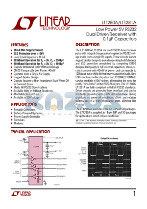 LT1280ACN datasheet - Low Power 5V RS232 Dual Driver/Receiver with 0.1uF Capacitors