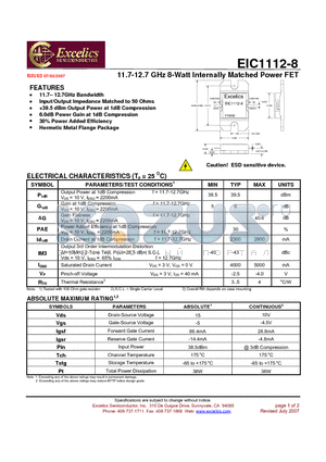 EIC1112-8 datasheet - 11.7-12.7 GHz 8-Watt Internally Matched Power FET
