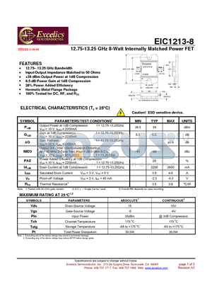 EIC1213-8 datasheet - 12.75-13.25 GHz 8-Watt Internally Matched Power FET