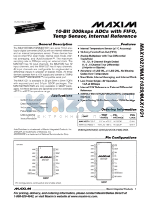 MAX1031BCTI-T datasheet - 10-Bit 300ksps ADCs with FIFO, Temp Sensor, Internal Reference