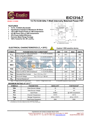 EIC1314-7 datasheet - 13.75-14.50 GHz 7-Watt Internally Matched Power FET
