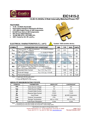 EIC1415-2 datasheet - 14.40-15.35GHz 2-Watt Internally-Matched Power FET