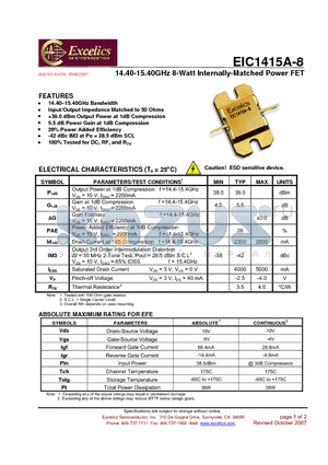 EIC1415A-8 datasheet - 14.40-15.40GHz 8-Watt Internally-Matched Power FET