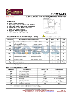 EIC2224-15 datasheet - 2.20- 2.40 GHz 15W Internally Matched Power FET