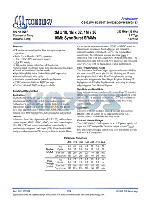 GS8320V32T-133I datasheet - 2M x 18, 1M x 32, 1M x 36 36Mb Sync Burst SRAMs