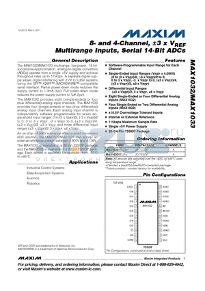 MAX1032BEUG+ datasheet - 8- and 4-Channel, a3 x VREF Multirange Inputs, Serial 14-Bit ADCs