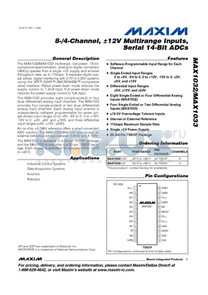 MAX1033EUP datasheet - 8-/4-Channel, a12V Multirange Inputs, Serial 14-Bit ADCs