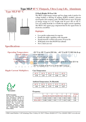MLP221M350EA0A datasheet - 85 C Flatpack, Ultra-Long Life, Aluminum