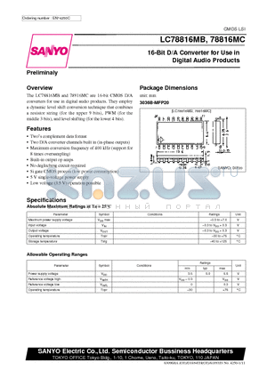 LC78816 datasheet - 16-Bit D/A Converter for Use in Digital Audio Products