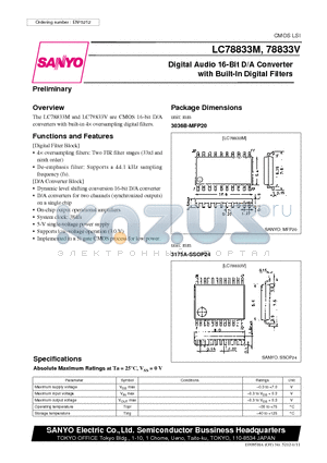 LC78833M datasheet - Digital Audio 16-Bit D/A Converter with Built-In Digital Filters