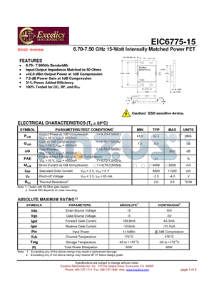 EIC6775-15 datasheet - 6.70-7.50 GHz 15-Watt Internally Matched Power FET