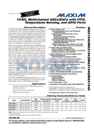 MAX1042BETX datasheet - 10-Bit, Multichannel ADCs/DACs with FIFO, Temperature Sensing, and GPIO Ports