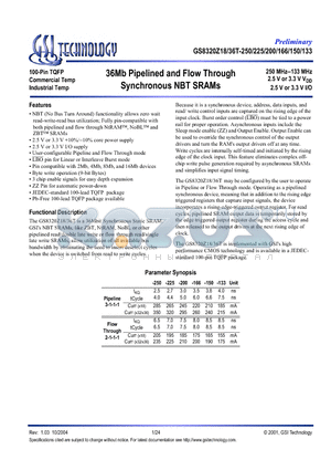 GS8320Z18GT-166 datasheet - 36Mb Pipelined and Flow Through Synchronous NBT SRAMs